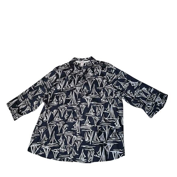 Allison Daley Women's Textured Button-Up Shirt Blue White Sailboat Print Size 2X - Picture 1 of 8